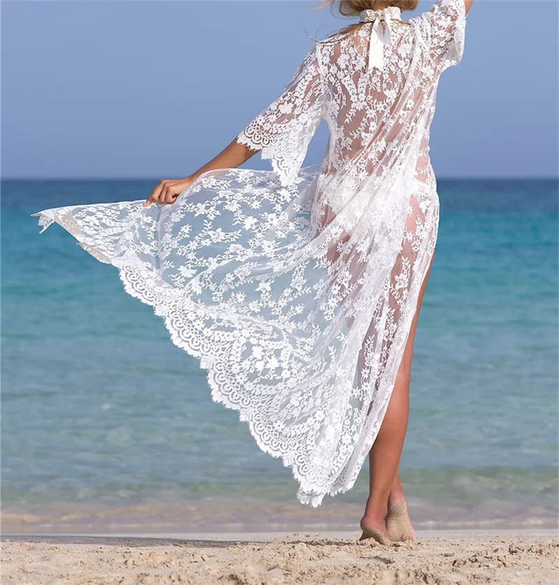 2019 Sexy Transparent Long Lace Beach Tunic Kimono Cardigan Half Sleeve Embroidery Shirt Women Top Blouse Robe Sarong De Plage