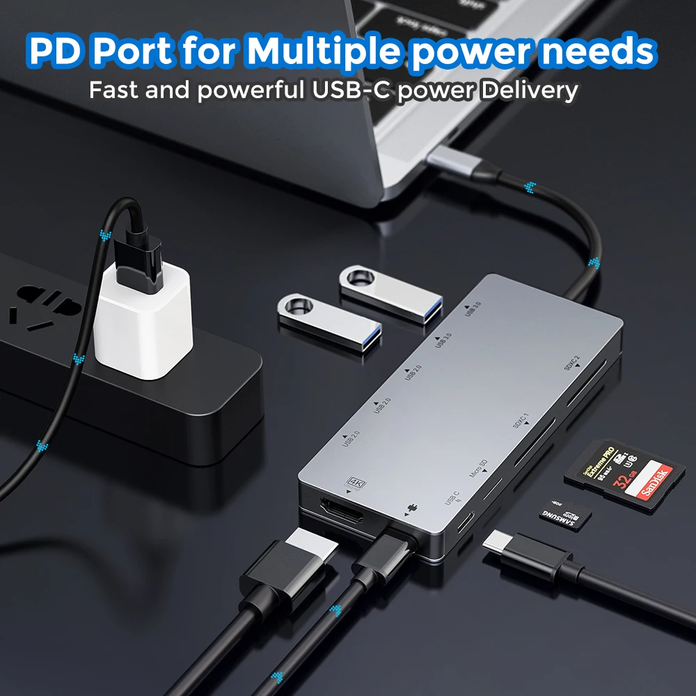 11 в 1 многопортовый Тип C hub адаптер питания к HD MI, USB 3,0, SDXC/TF кардридер