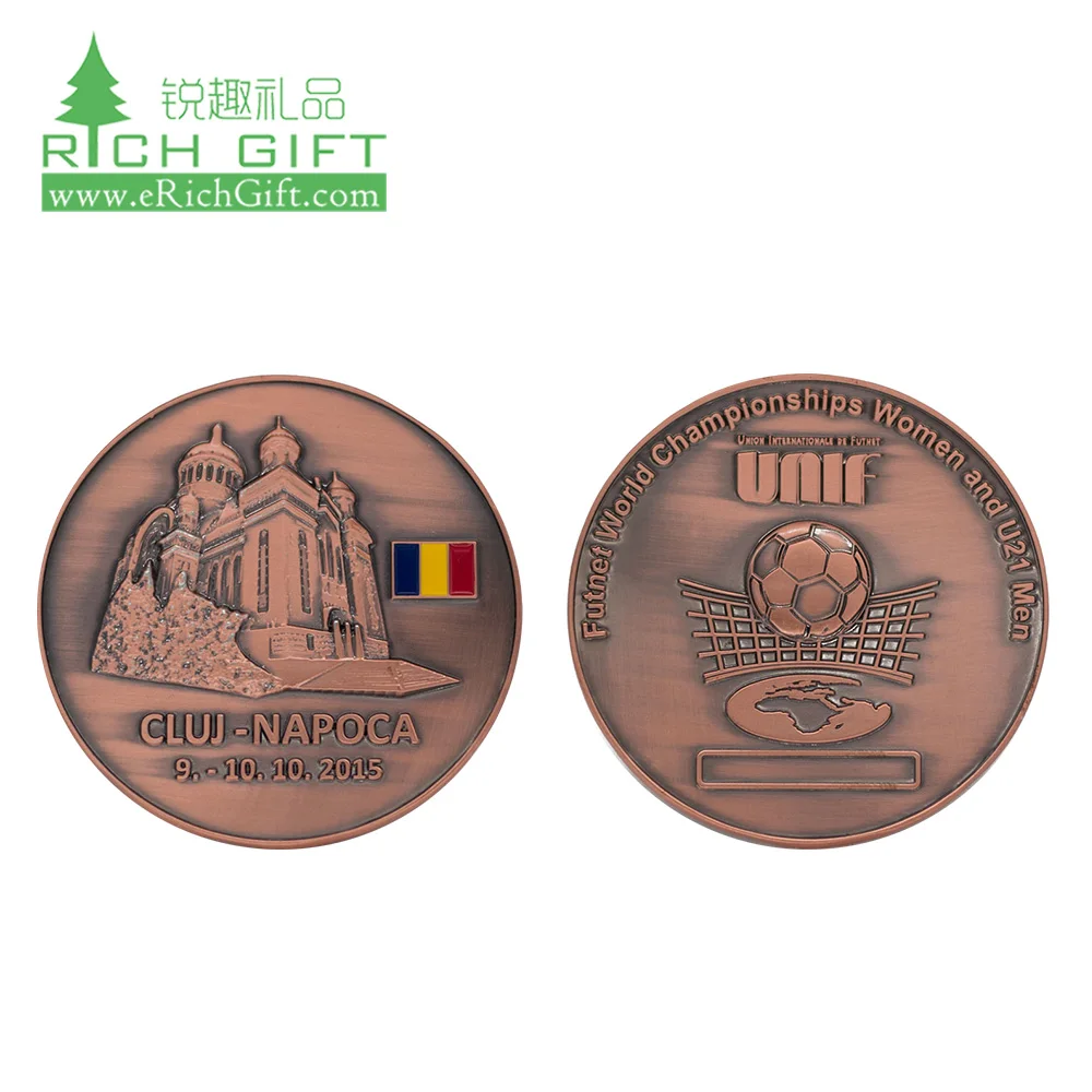Free sample custom metal zinc alloy printing epoxy insert football/soccer challenge coin for sports tournament