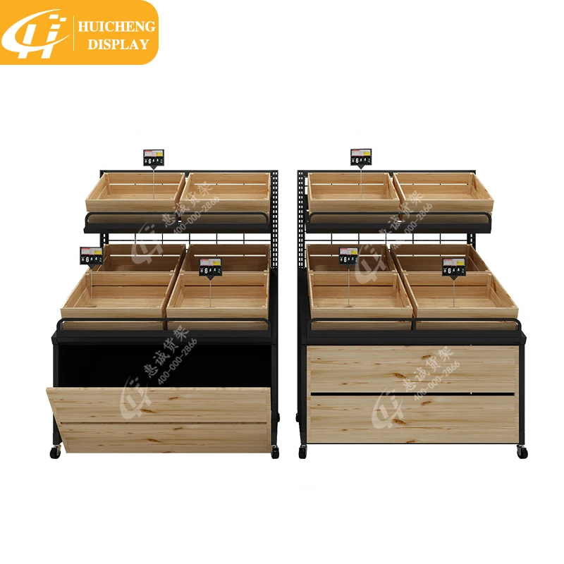 Customized Retail store wooden fruit vegetable display rack storage shelf with basket