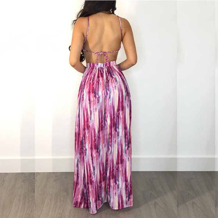 Hollow Out Waist Silk Dress Pattern Pictures Women Sexy Halter Backless Floral Long Maxi Summer Beach Dress