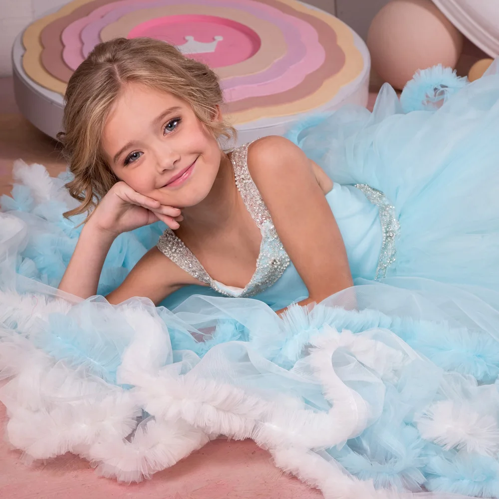ZH1186B High quality Tulle butterfly princess Dresses illusion  Gowns Kids Wedding flower baby girl dress