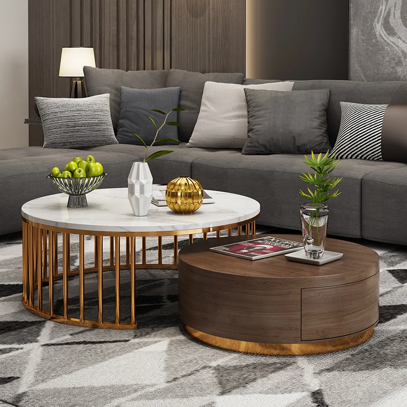 Marble top Solid wood coffee tables metal gold  Round Shape Living Room Furniture Tea Table  with storage Factory Wholesale