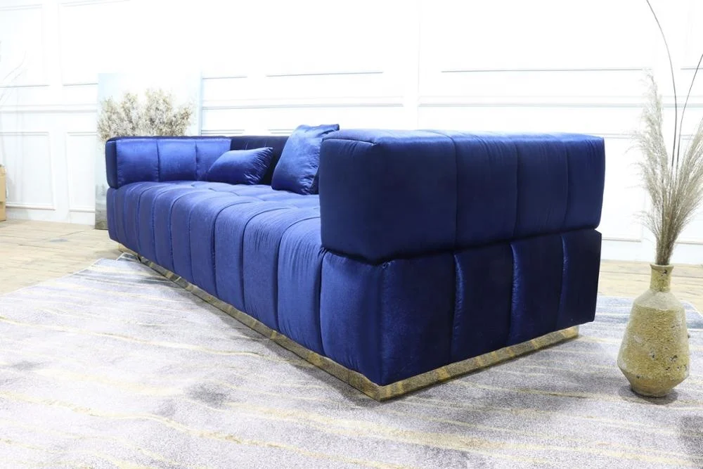 square tufted velvet fabric living room couch with stainless steel base