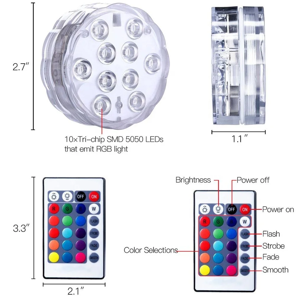 3A Battery Operated Waterproof  Ip68 SMD5050 Submersible Hot Tub Led Lights Rgb Led Light with Remote Control