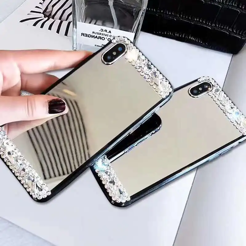 
Mirror Case for Women Girls Make up, Glitter Diamond Ultra-Thin Mirror TPU Back Protect Case For Iphone 8 Case 