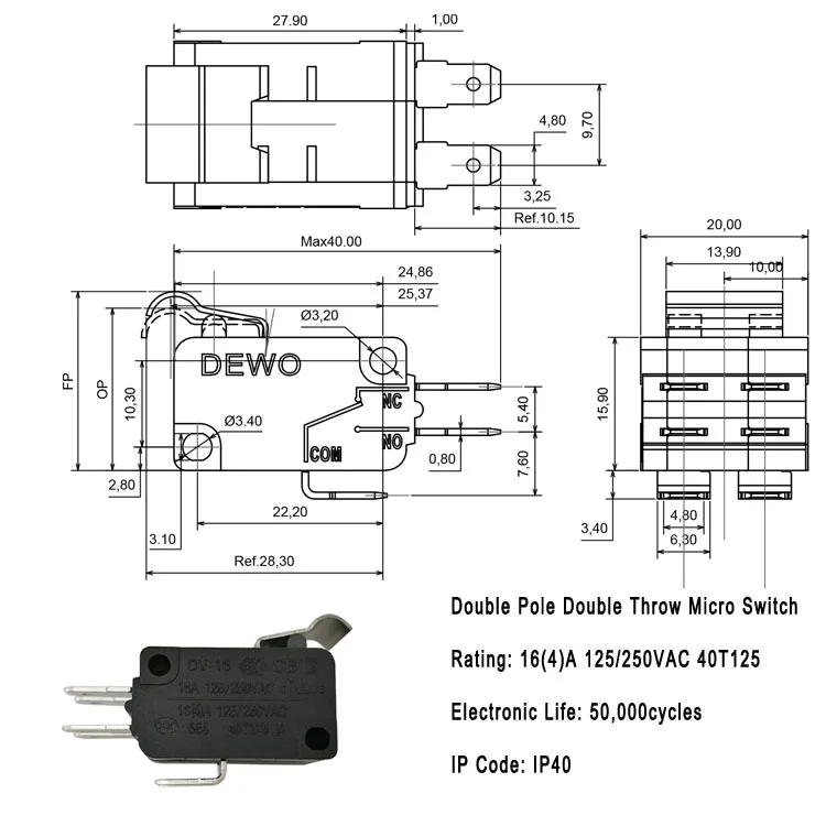 Lever 6 pin 16a 125v 40t125 double connect micro switch