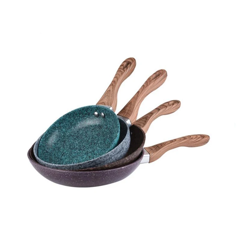 Forged nonstick stone marble coating fry pan 3 sets with wooden handle