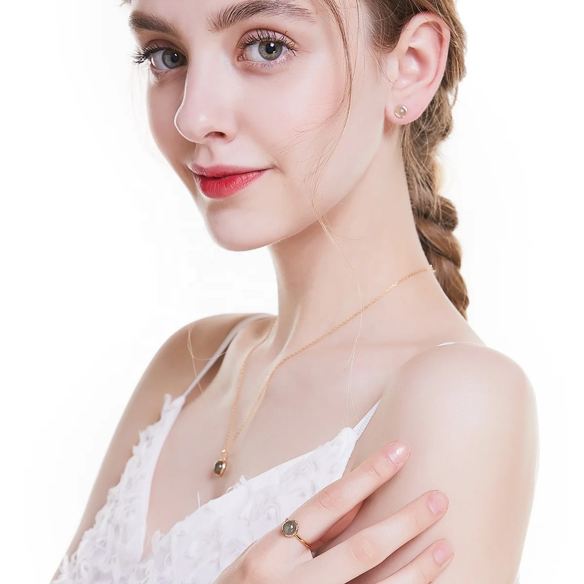 Dainty jewelry design for girls gold plated single stone Sterling silver labradorite pendant necklace