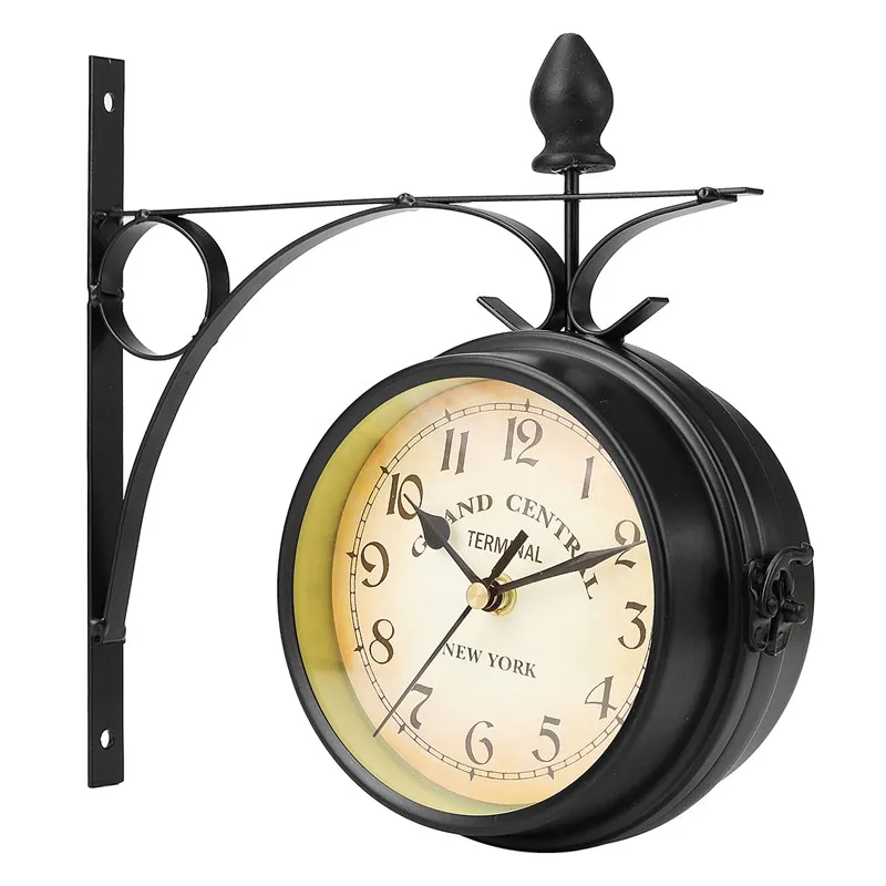 Garden Vintage Retro Home Decor Metal Frame Glass Dial Cover Charminer Double Sided Wall Mount Station Clock