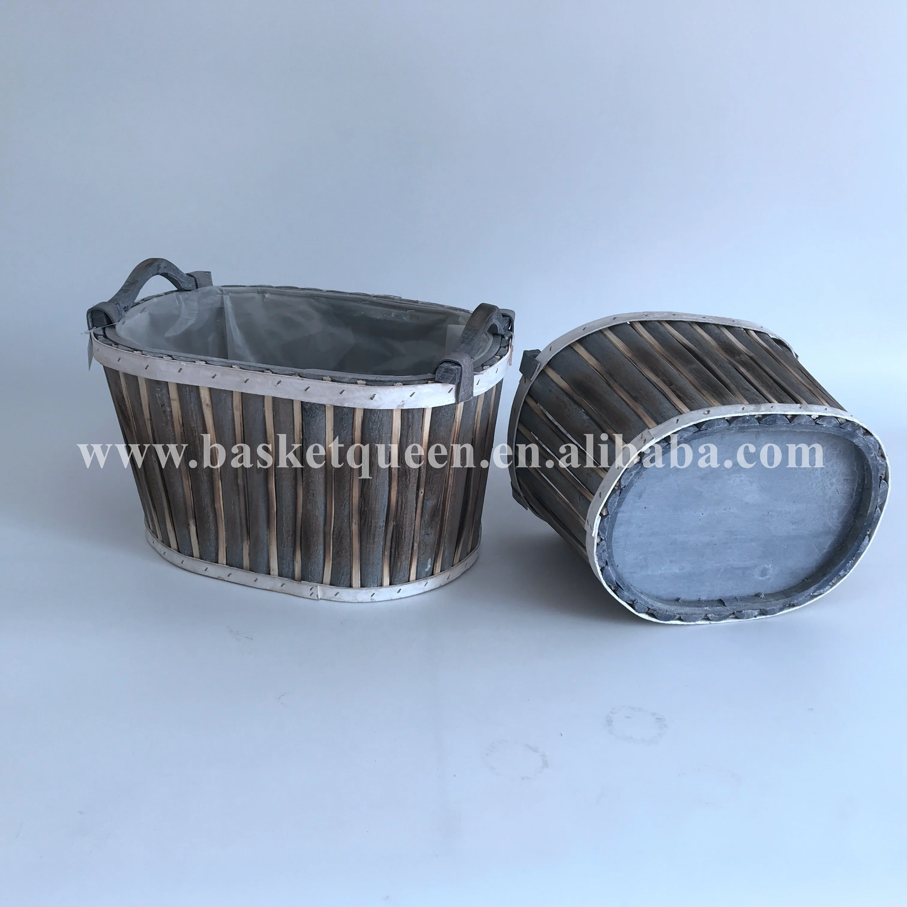 
Wholesale 100% handmade eco-friendly burn color woodchip basket with wood handle for garden panting 