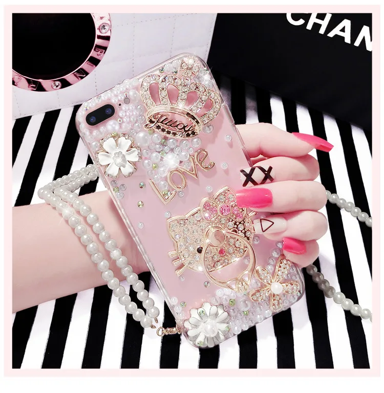 
Pearl encrusted phone cases luxurious with diamond mobile phone bags & case with strap for women for iPhone 