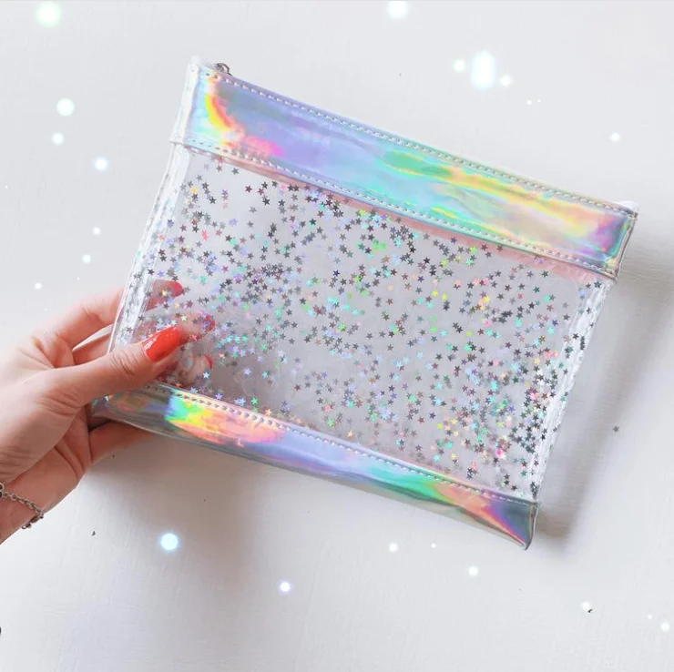 Girls Fashion Waterproof Makeup Bag Paillette Glitter Move Stars Clutch with Zipper Closure Transparent PVC Plastic Logo Pattern