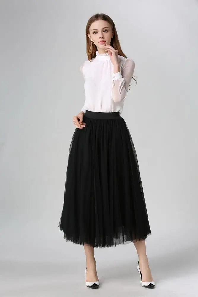 Fashion Ladies Stylish Elastic High Waisted Pleated A-line Mid-calf Tulle skirts