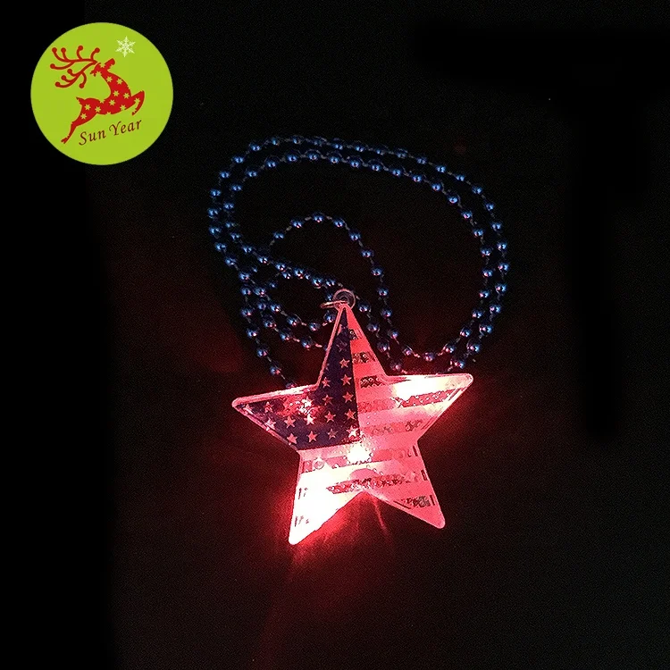 
UAS flag printed plastic LED flashing star pendant with bead necklace 