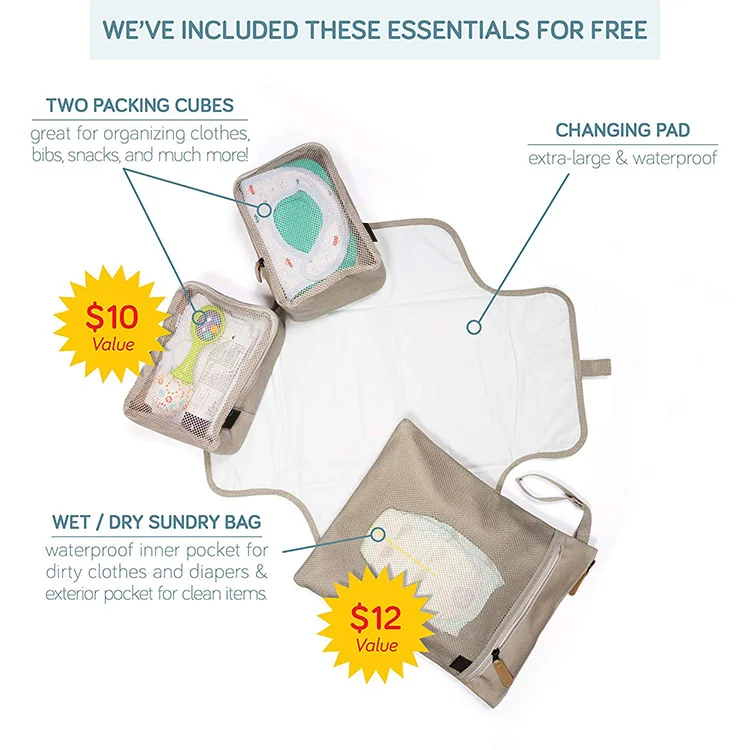 Waterproof canvas with glue coating Baby Diaper Bag Backpack Large Capacity Nappy Bags with insulated pockets