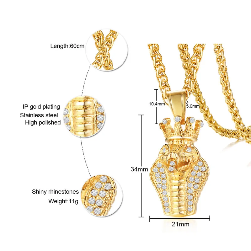 Hiphop jewelry titanium steel snake king cobra pendant necklaces