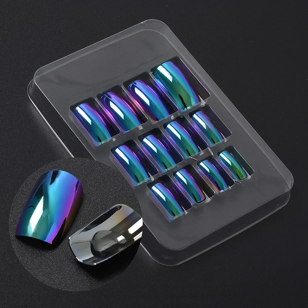 Short Square UV Gel Nail Art Salon Full Cover Acrylic Artificial Mirror Nail Tips