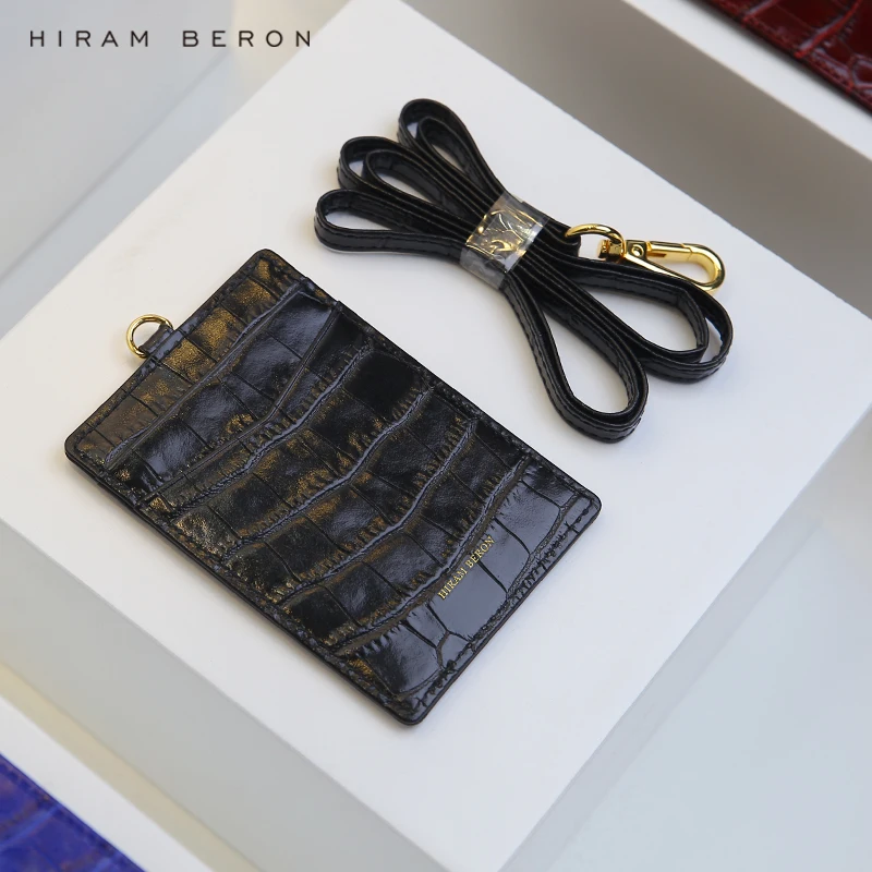 Hiram Beron Italian Cow Leather Name Tag ID Card Holder Lanyard