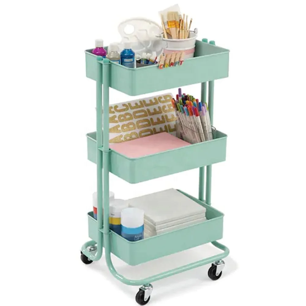 Metal stainless steel rolling storage organizer kitchen hand push  food utility trolley cart for 3 shelves