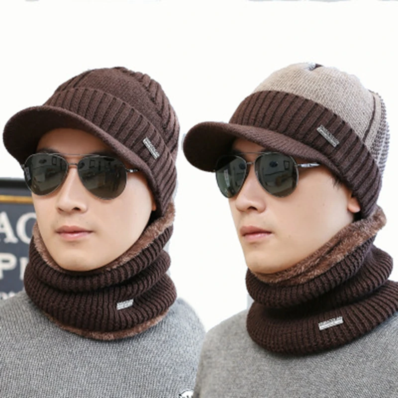Men winter knit Cap with Brim Plus Velvet Inside Warm Windproof hat double color matching fashion scarf hat set For teenage
