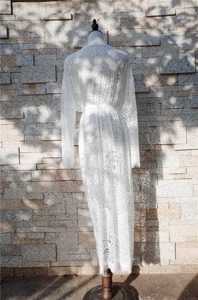 Women Clothes 2019 Summer Beach Dress Tunic Sexy See Through White Lace Long Sleeve Belted Wrap Dress Robe De Plage Sarong