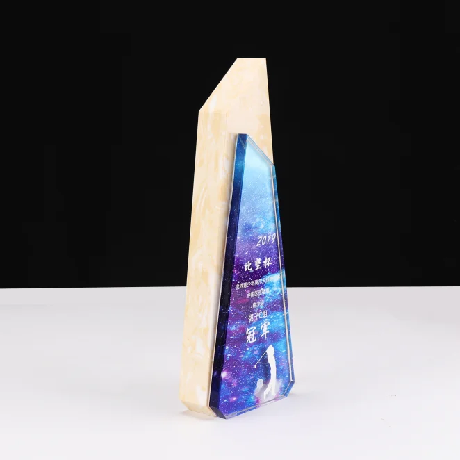 
2019 new design crystal and marble award color printing glass trophy 