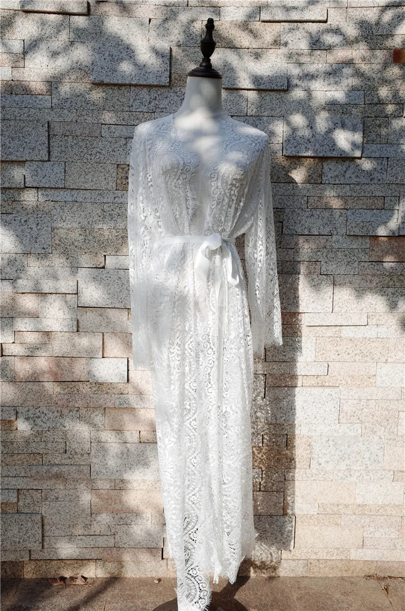 Women Clothes 2019 Summer Beach Dress Tunic Sexy See Through White Lace Long Sleeve Belted Wrap Dress Robe De Plage Sarong