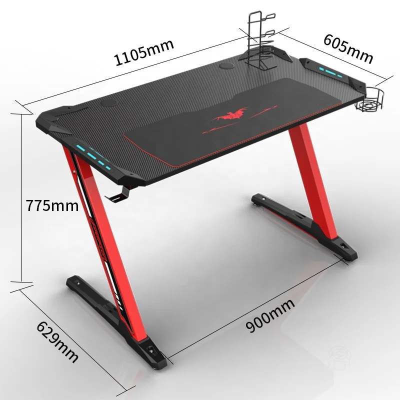 
DESGINA Led light black color Z shape pc gaming desk for e-sports 