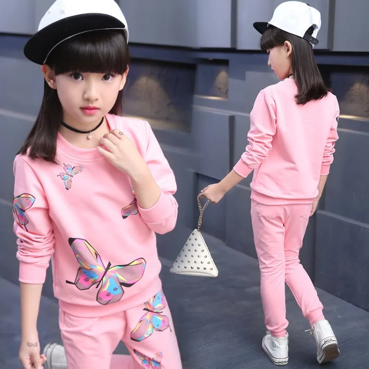 Fashion print butterfly o-neck pullover children child sets suit clothes for girls