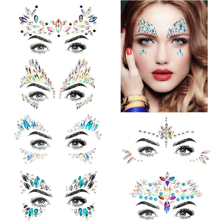 Fashion custom design rhinestone jewels temporary tattoo face gem makeup sticker for party