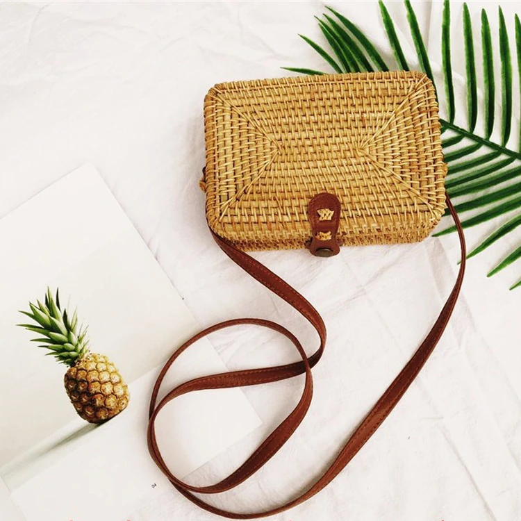 Indonesia Natural Handmade Summer Tour Beach Shoulder Sling Bag Square Shape Small Rattan Bag