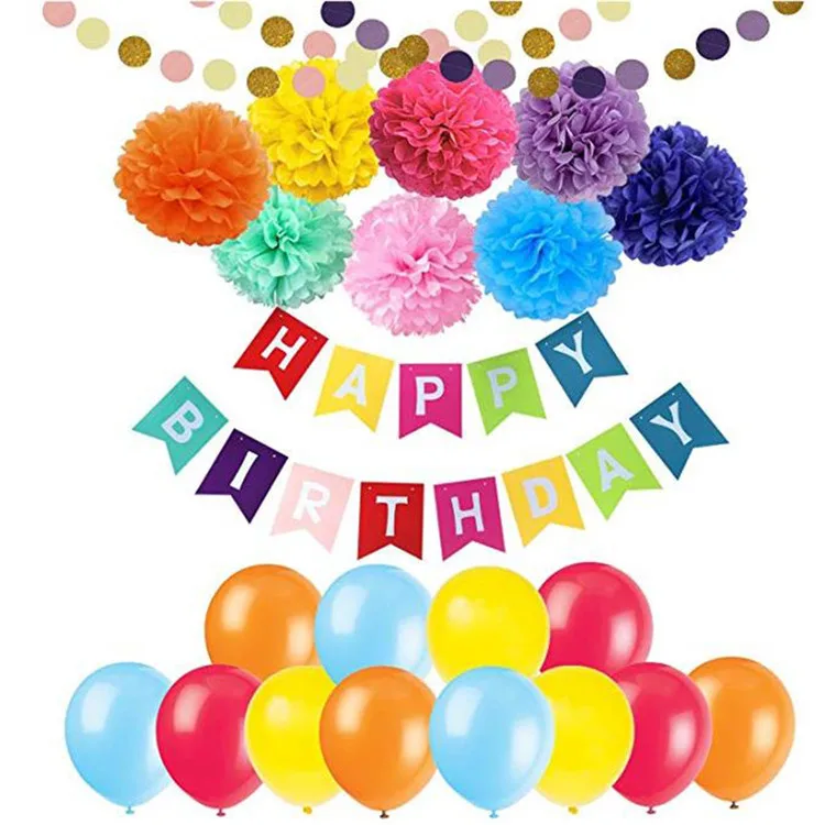 
Happy Birthday Flags Colorful Paper Pompom Balls Balloons Princess Birthday Party Kids Supplies Set 