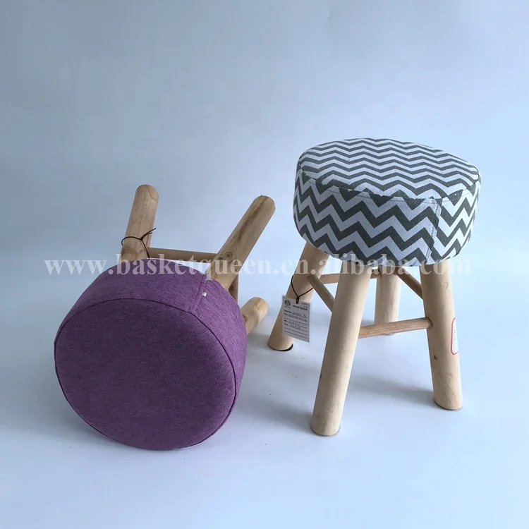 
Small linen cloth art sofa wood ottomans round shape stools for wholesale 