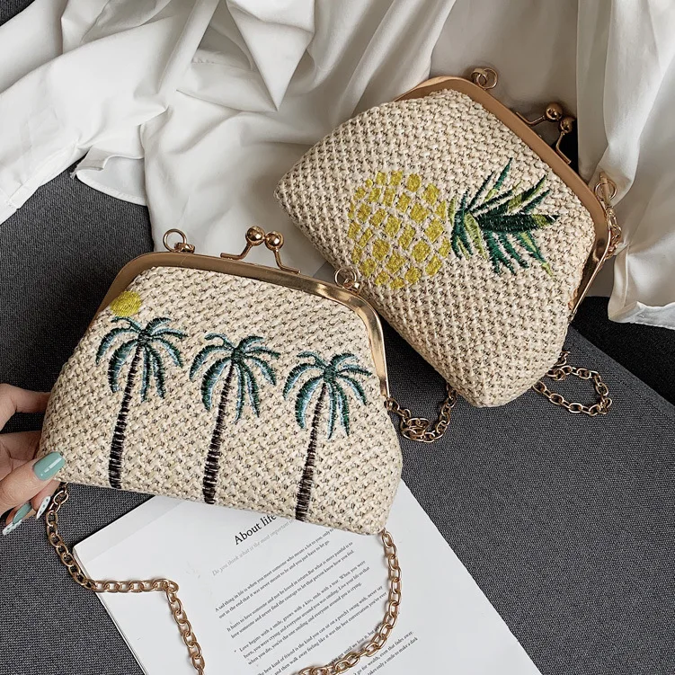 2019 wholesale summer elegant straw bag raffia bag woman shoulder messenger bag pinneaple leaves tree purse