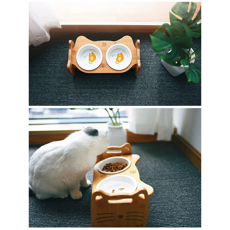 
Miaoxianer Wholesale Bamboo Cat Bowl Inclined Dog Bowl With Ceramic Double Bowl 