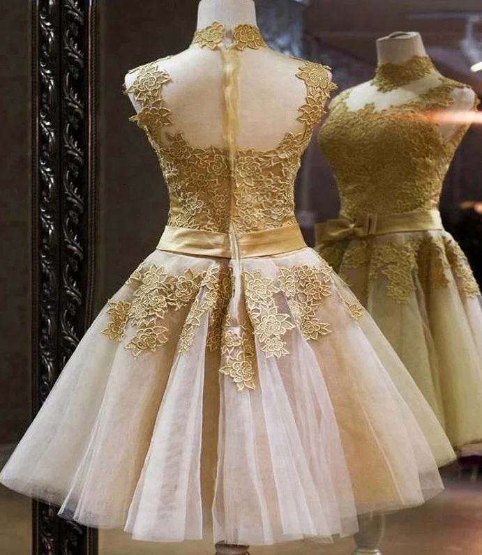 Chaozhou Women Party Short Gold Laces Evening Dress