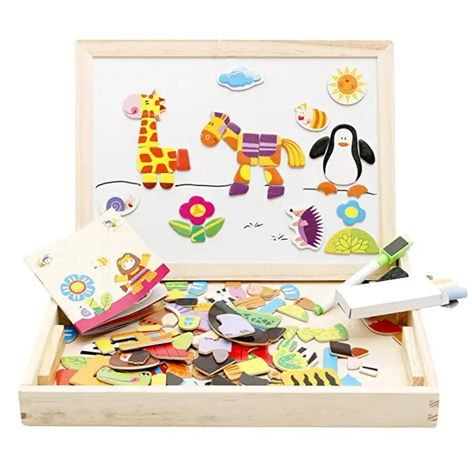 
High quality montessori drawing board wooden magnetic jigsaw animal box puzzle toys for kids 