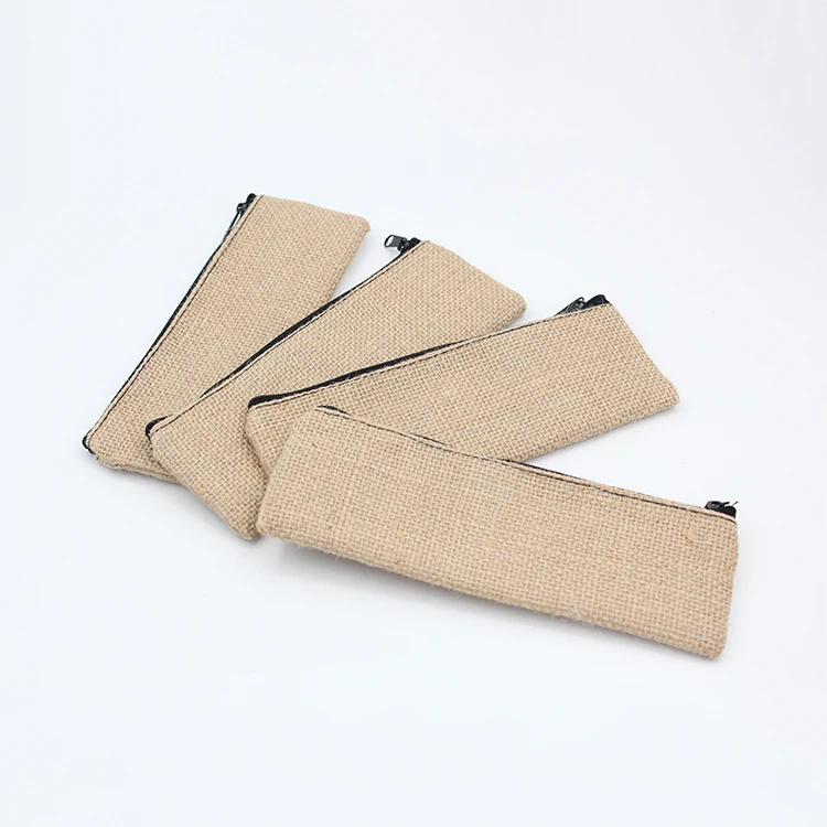 Eco-friendly portable hemp pen pouch custom logo jute zipper Pencil Bag with plastic lining