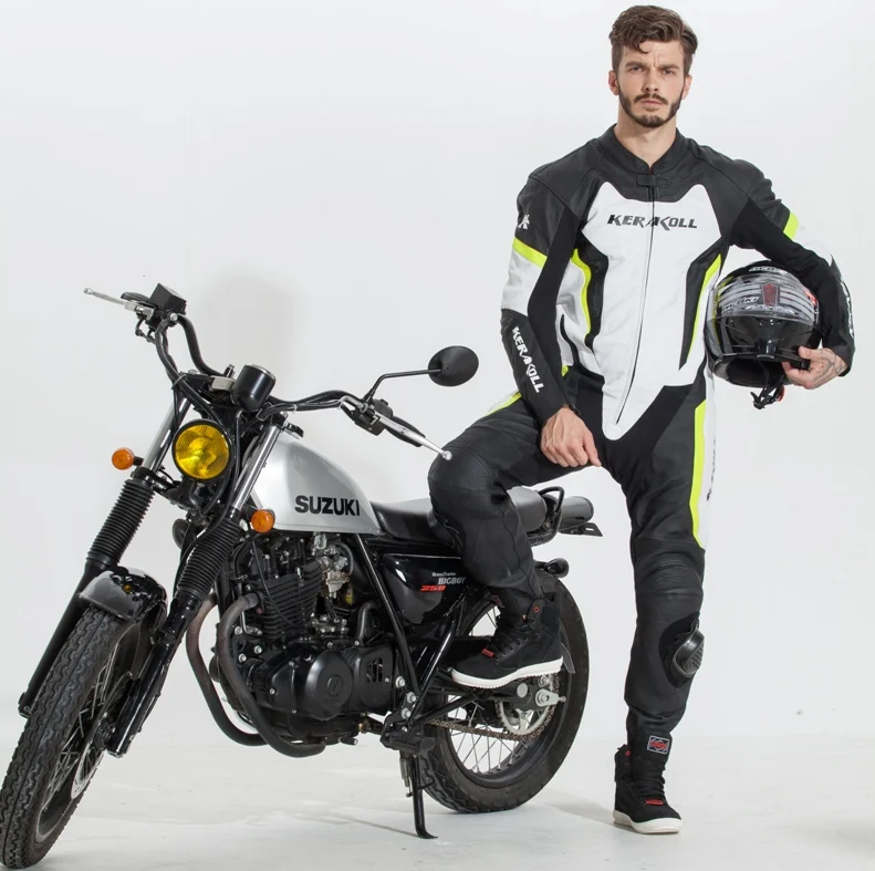 DUHAN KERAKOLL One-piece Motorcycle Racing Suit Genuine Leather Cowhide Motocross Jacket Pants with Protectors Knee Sliders