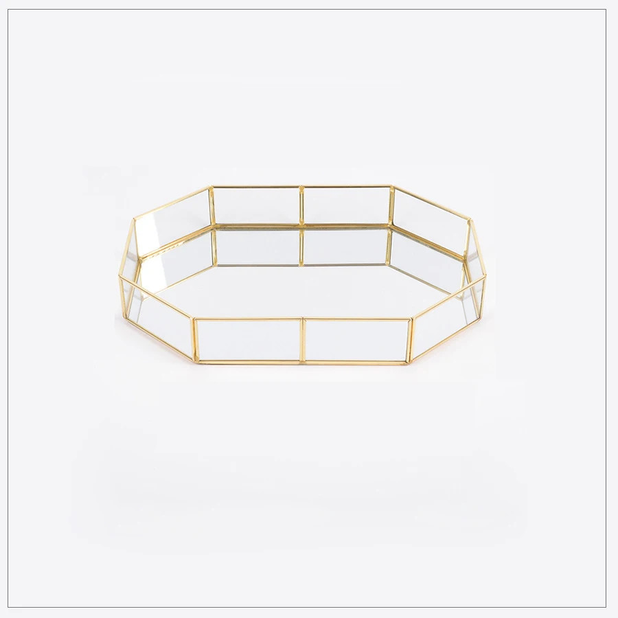 metal Storage Tray Golden Polygon Glass Makeup Organizer Tray Dessert Snack Plate Jewelry Display Stand Home Kitchen Decor