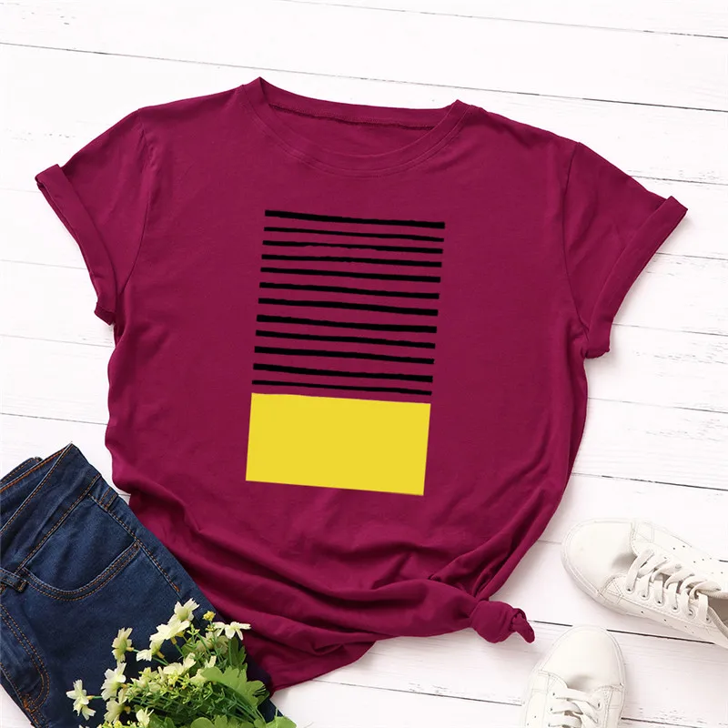 
Wholesale Women Casual Tshirts Chest Stripe Print T Shirt 100% Cotton O Neck Short Sleeve Summer T-Shirt Tops 