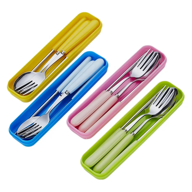 food grade portable travel cutlery stainless steel chopsticks fork and spoon set with color ceramic handle