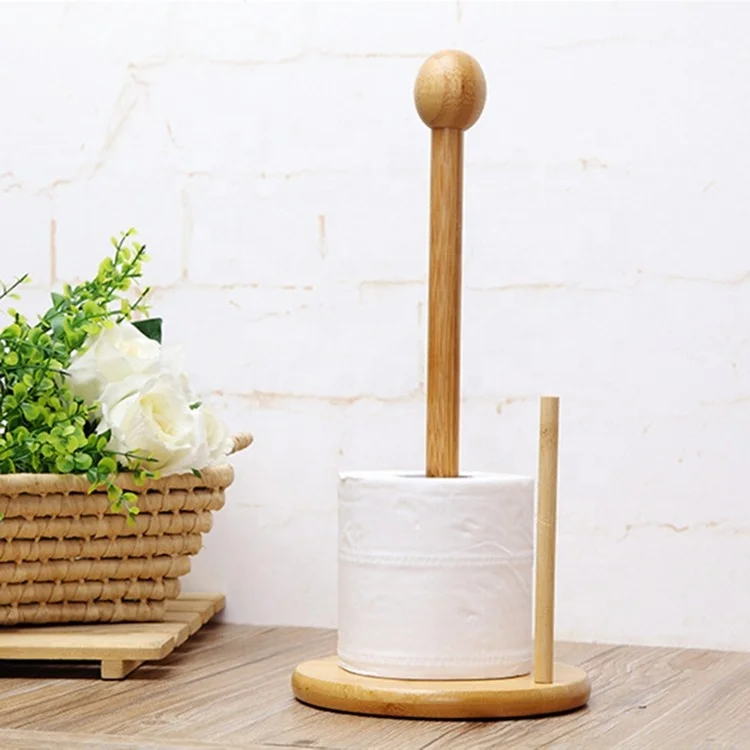2024 Big Kitchen Bathroom Toilet Standing Rack Natural Wooden Bamboo Tissue Roller Paper Towel Holder
