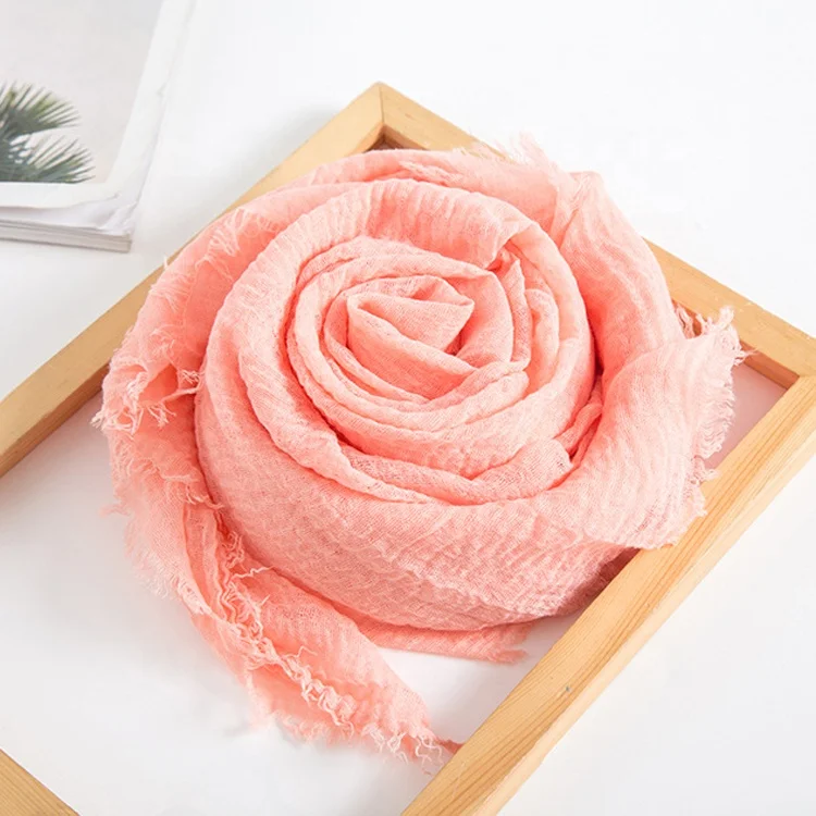 Wholesale Fashion Muslim Women Wrinkle Hijab Plain Linen Pleated Scarf Cotton Crinkle Hijab