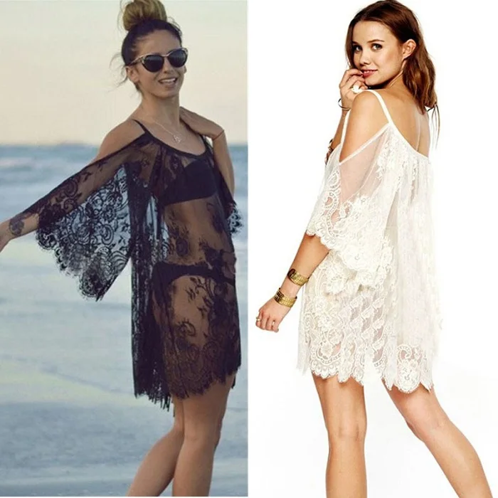 Crochet Bikini Swimwear Beach Dresses Cover ups Sexy Lace Tunic Beachwear Dress