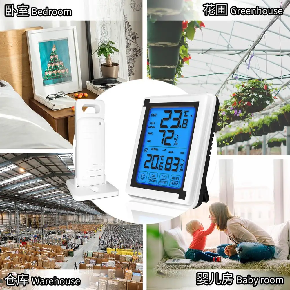 
2019 New Release Digital Touchscreen Indoor Outdoor Wireless Hygrometer Thermometer Humidity Monitor with Temperature Sensor 