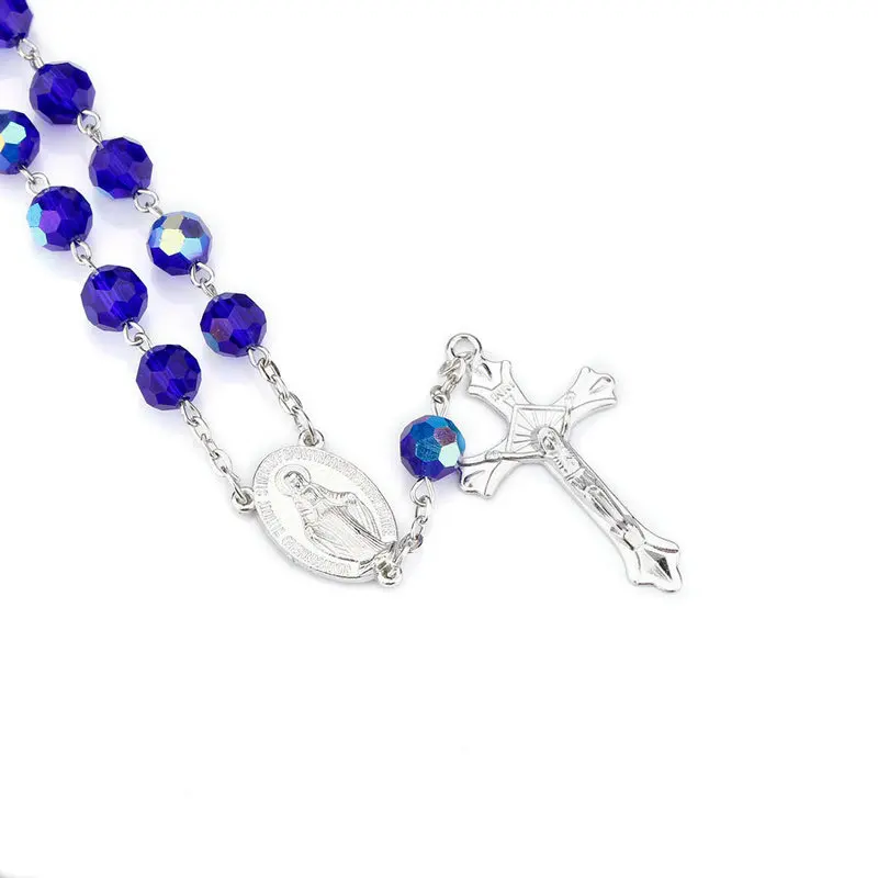 Wholesale Blue glass beads Catholic Rosary bracelets mini Jesus Crucifix Cross Rosary prayer bracelets jewelry