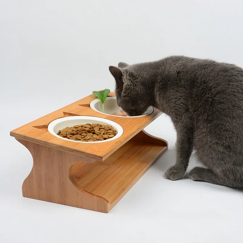 High Quality Bamboo Incline Cat Bowls With Two Ceramic Bowl Raised Cat Food Bowl