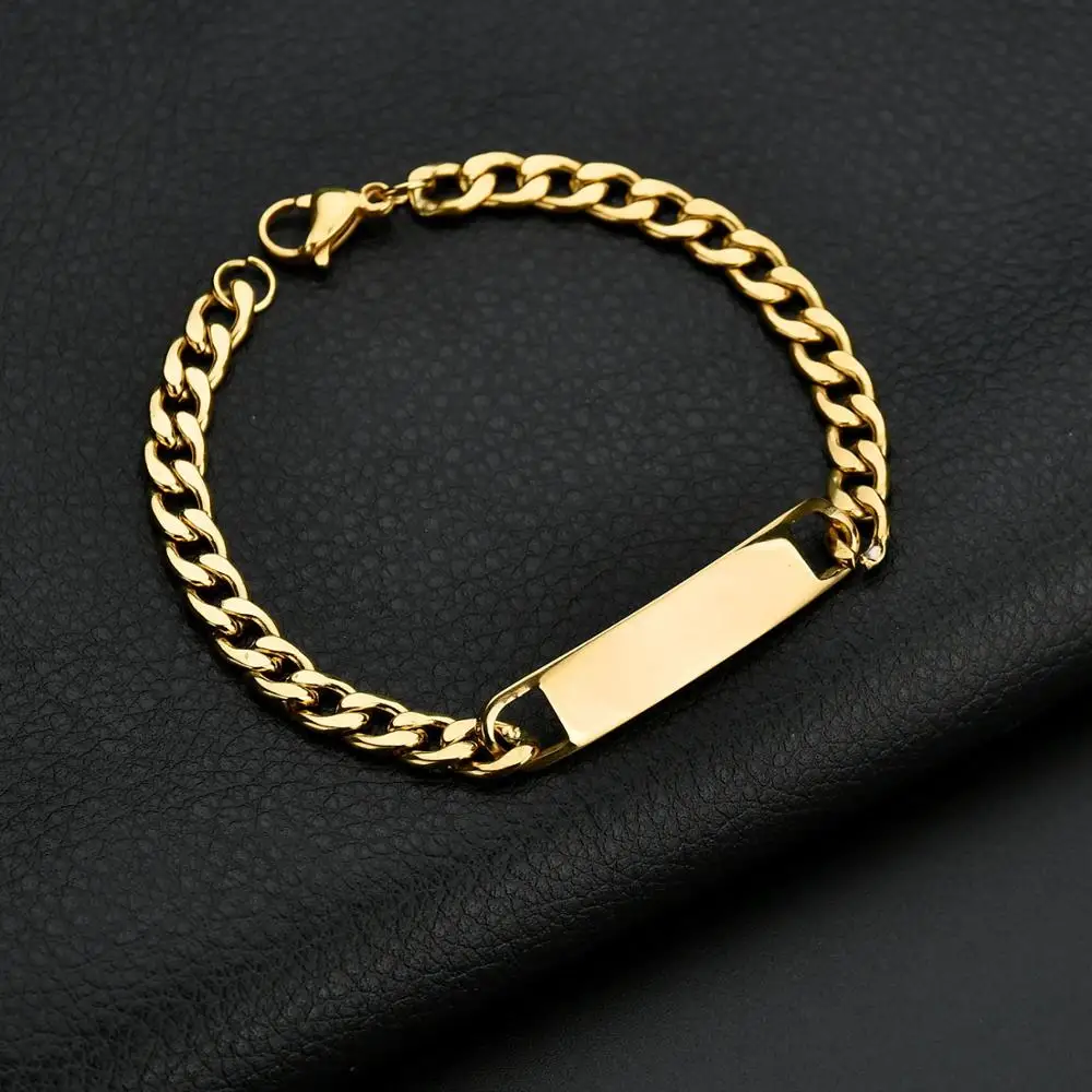 Custom name engraved stainless steel bracelet cuba chain 18k gold plated metal plate bracelet gold bar bracelet